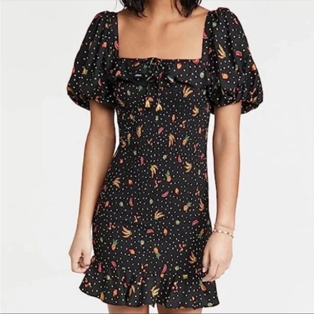 FARM Rio Tiny Fruits Smocked Black Puff Sleeve Mini Tropical Dress Size m